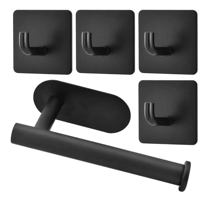 PORTA PAPEL HIGIE NICO INOXIDABLE NEGRO CON 4 GANCHOS - 1