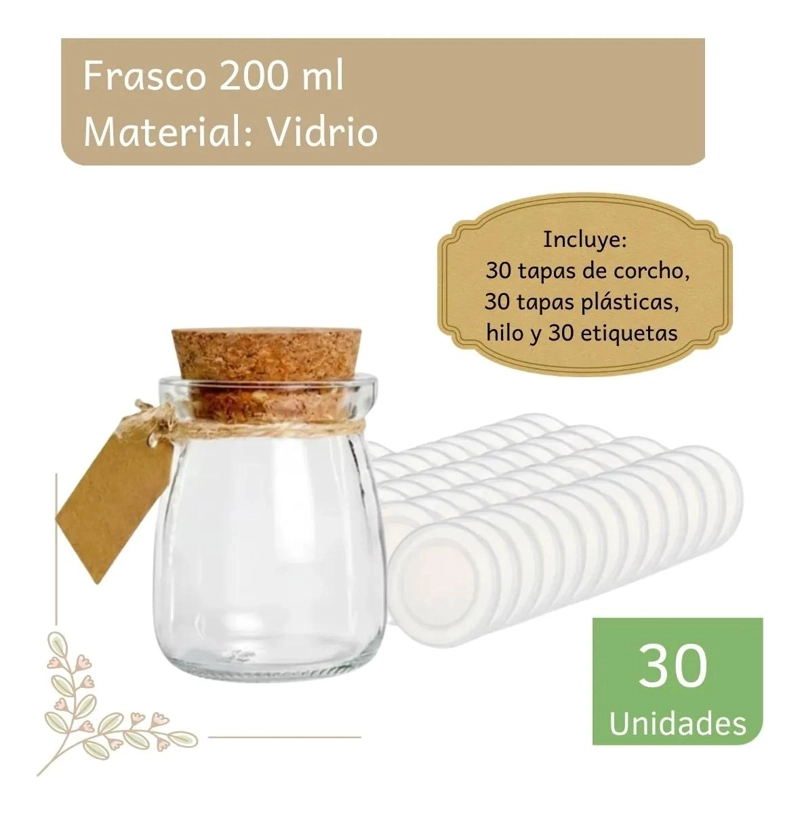 CAJA 30 FRASCOS VIDRIO 200ML TAPA PLASTICA CORCHO - 1