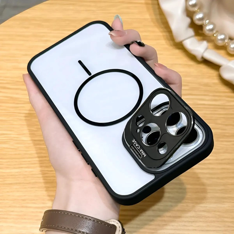 GENÉRICO CARCASA MAGNE TICA TRASLUCIDA PARA IPHONE CON SOPORTE