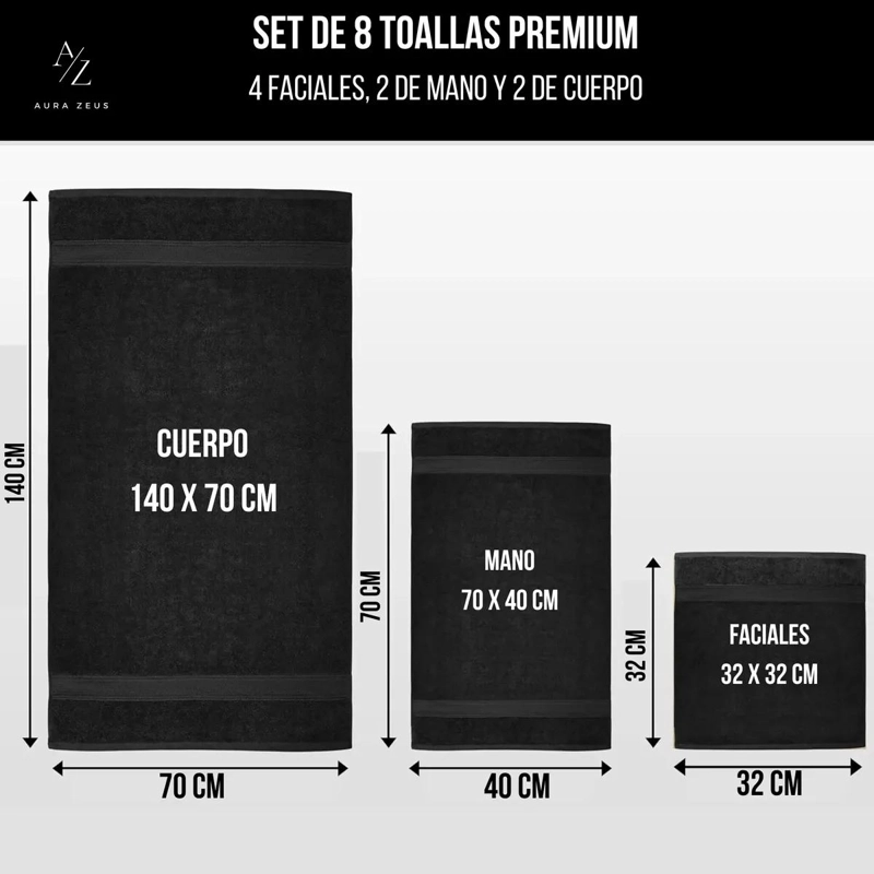 SET DE 8 TOALLAS DE BAÑO ALGODON 500GR - 2