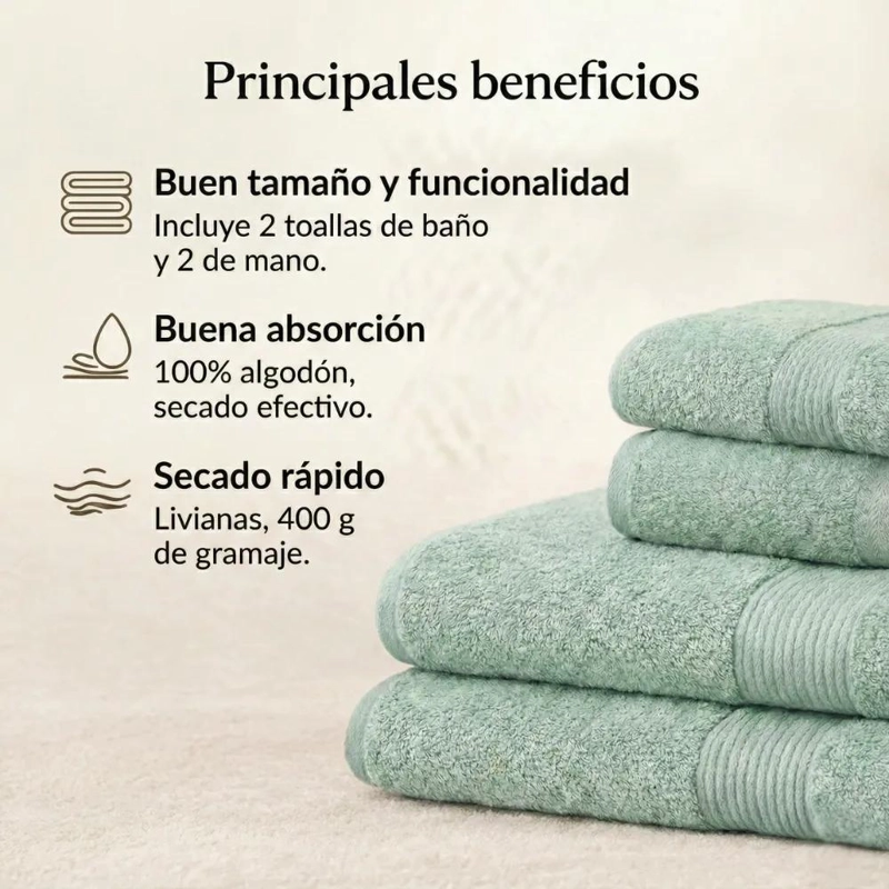 JUEGO DE 4 TOALLAS DE BAÑO DE ALGODON GRANDES 400G - 4