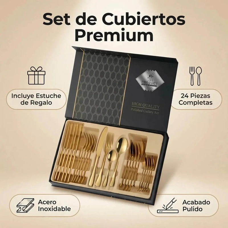 SET CUBIERTOS ACERO INOXIDABLE 24 PIEZAS ORO - 2