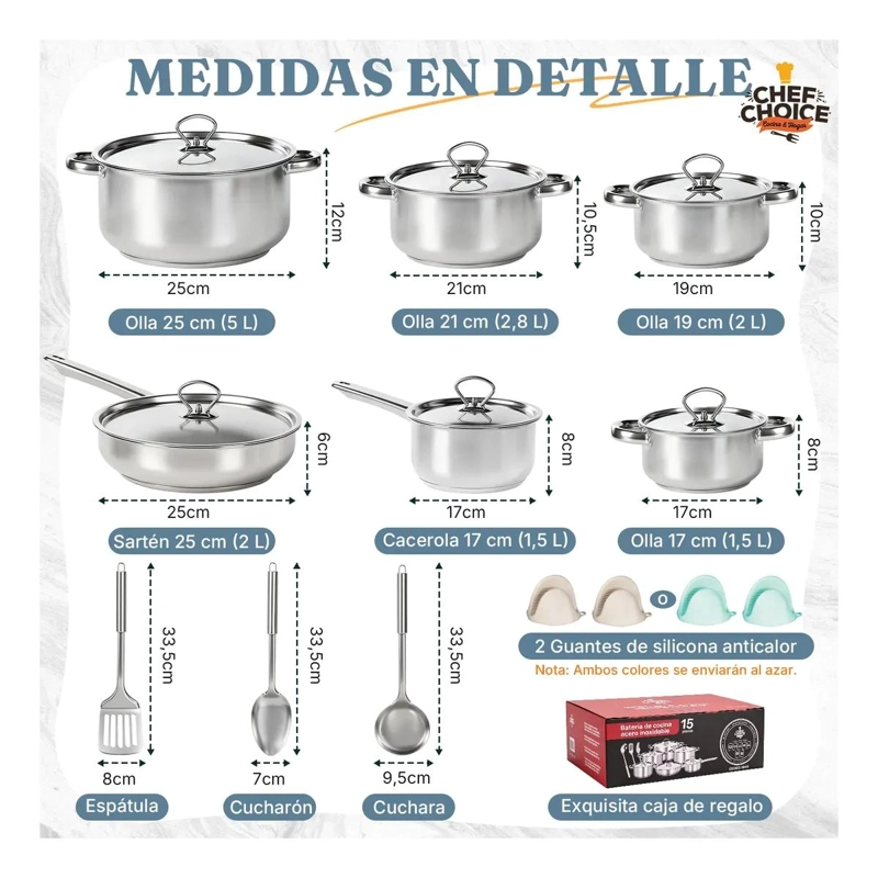 JUEGO DE CACEROLAS 15 PIEZAS ACERO INOXIDABLE - 2