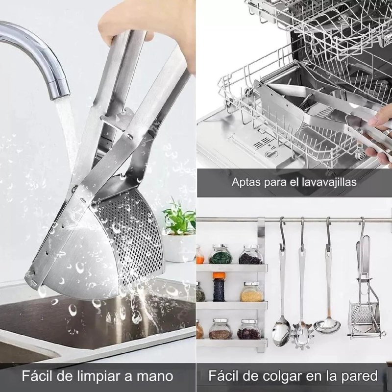 PRENSA PARA PAPAS, VERDURAS Y FRUTAS DE ACERO INOXIDABLE RESISTENTE - 4