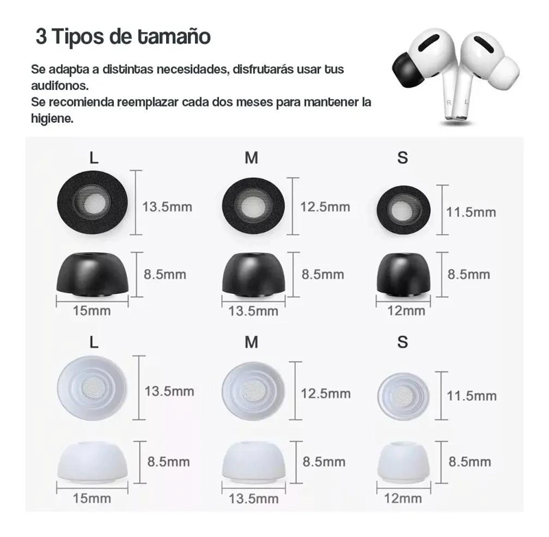 6 PARES ALMOHADILLAS SILICONA Y MEMORY FOAM AIRPODS PRO - 3