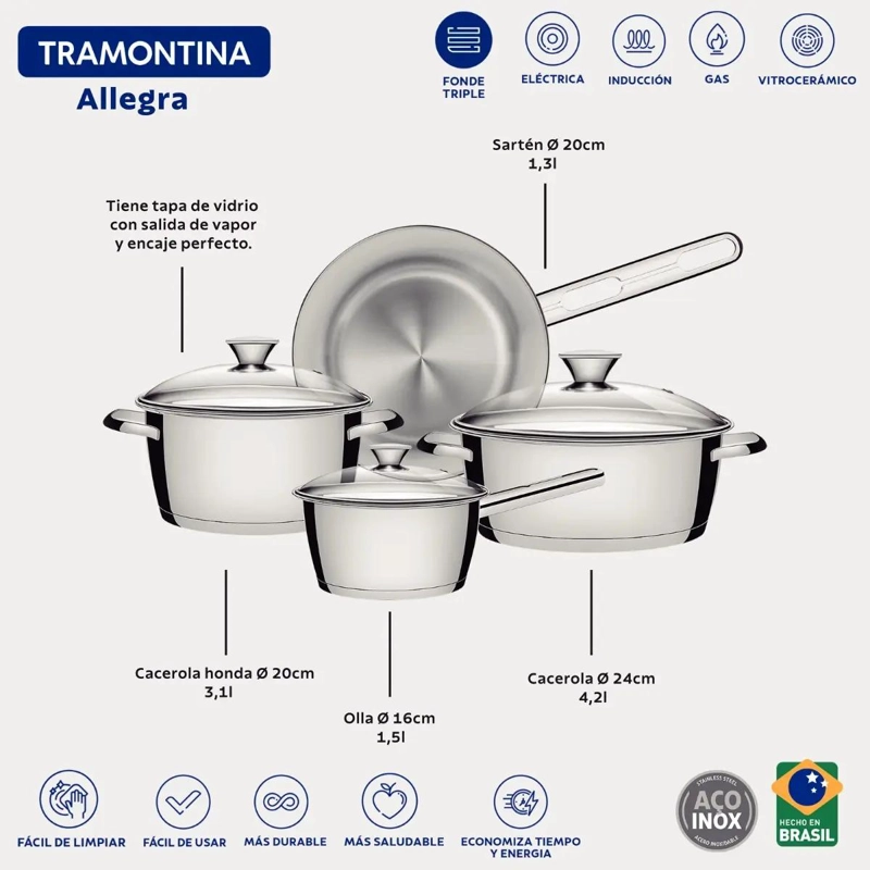 BATERIA DE COCINA ACERO TRIPLE 4 PIEZAS ALLEGRA - 3