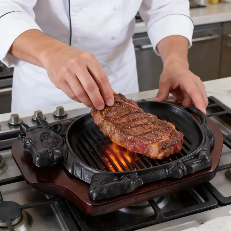 PLANCHA DE HIERRO FUNDIDO CON BASE DE MADERA - 5