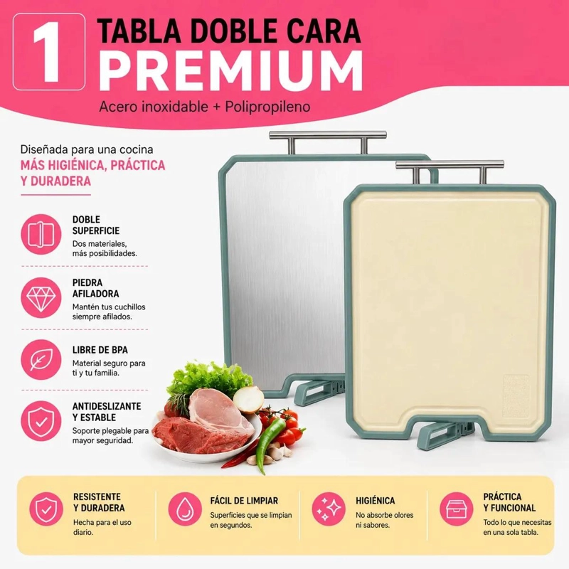 TABLA PARA PICAR Y CORTAR DOBLE CARA DE ACERO INOXIDABLE RESISTENTE - 2