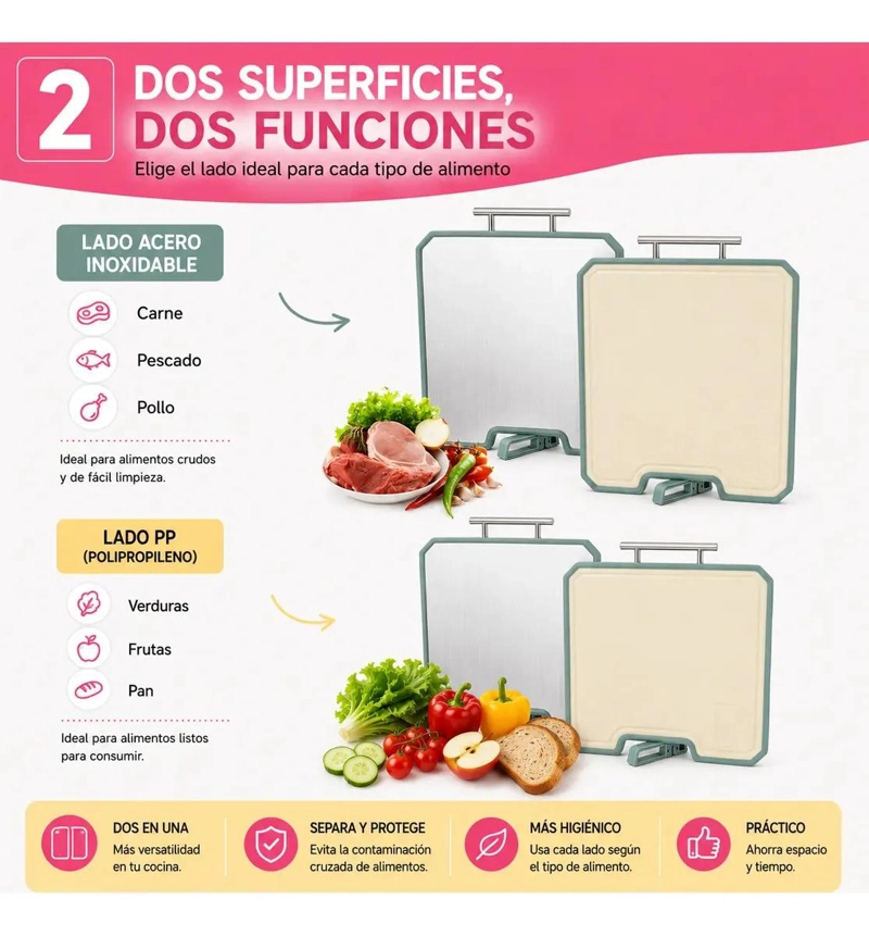 TABLA PARA PICAR Y CORTAR DOBLE CARA DE ACERO INOXIDABLE RESISTENTE - 3