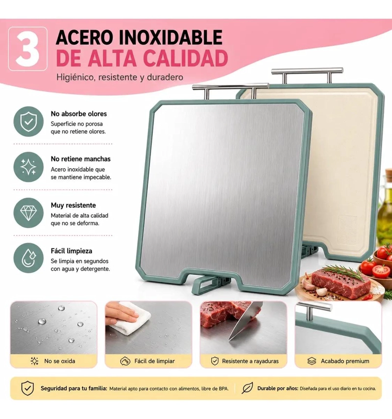 TABLA PARA PICAR Y CORTAR DOBLE CARA DE ACERO INOXIDABLE RESISTENTE - 4