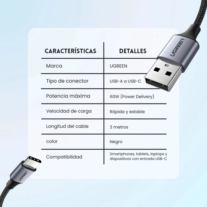 CABLE USB TIPO C CARGA RAPIDA 3A 3 METROS - 3