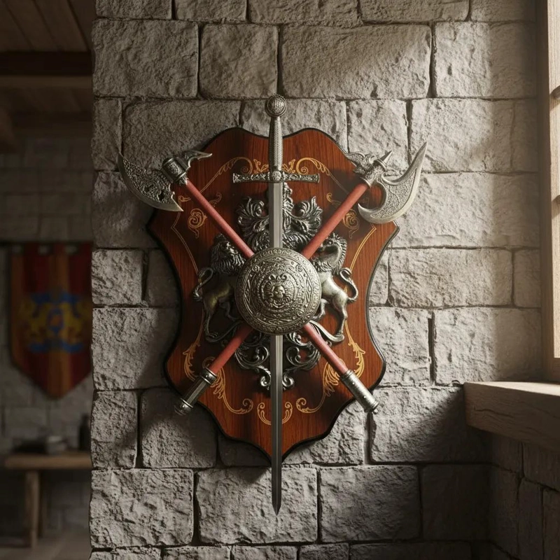 HACHA DE MADERA CON BASE PARA PARED ESTILO MEDIEVAL - 3