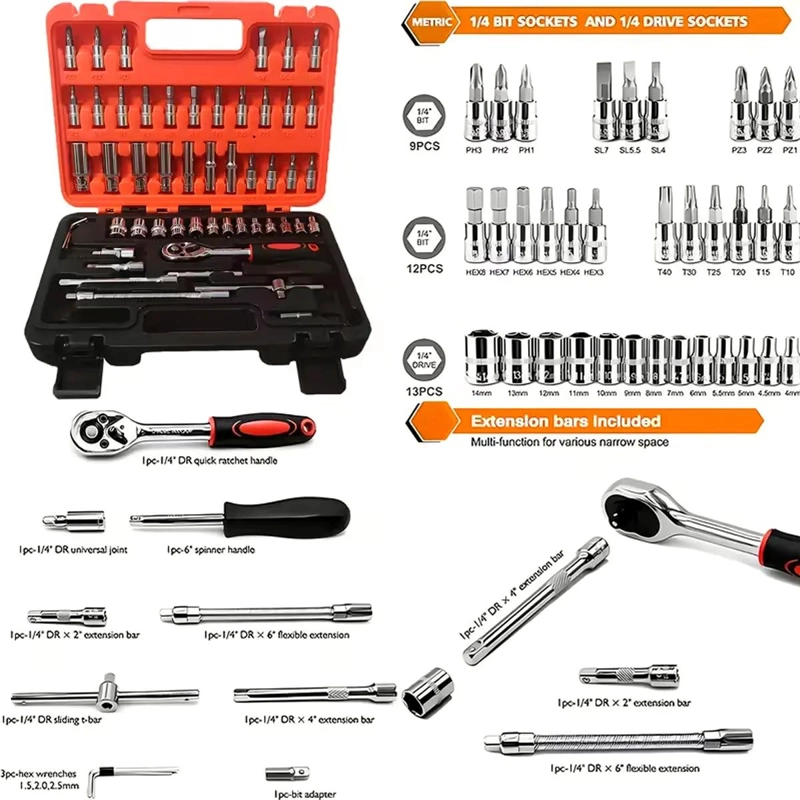SET DE DADOS Y LLAVES TORX 53 PIEZAS 1/4 - 3