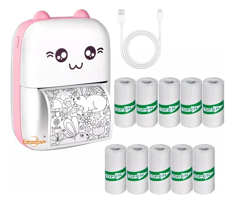 GENÉRICO IMPRESORA MINI BLUETOOTH CON 10 ROLLOS ADHESIVOS ROSA