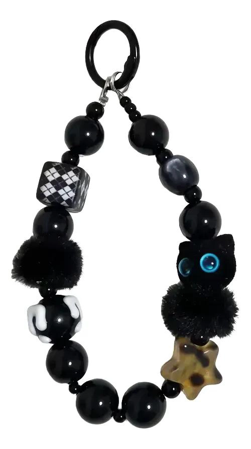 GENÉRICO COLGANTE PARA CELULAR GATO NEGRO CON CUENTAS KAWAII