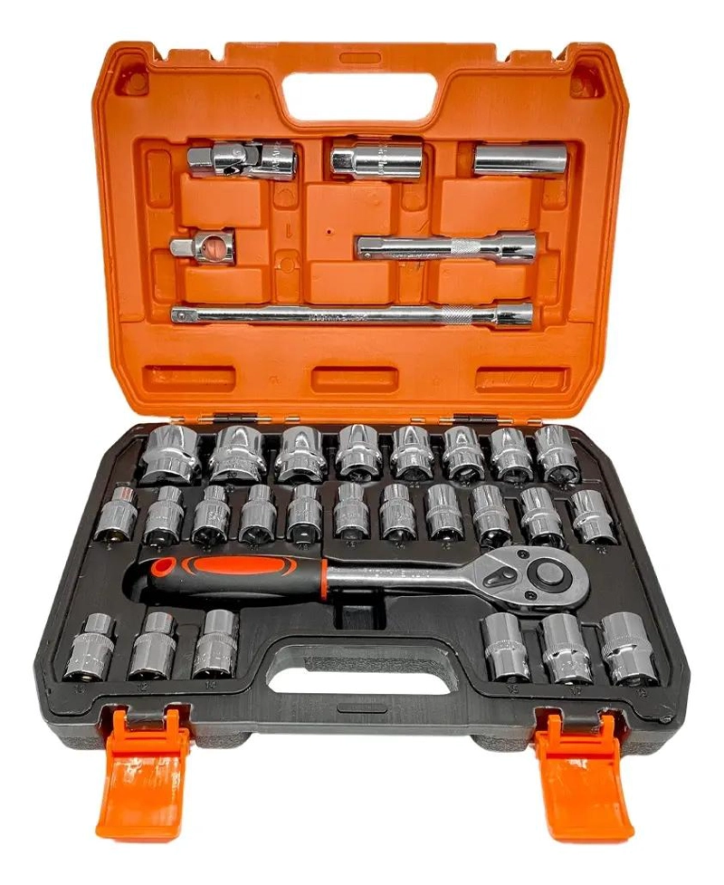GENÉRICO JUEGO DE DADOS CON CHICHARRA Y EXTENSION 1/2'' 32 PIEZAS