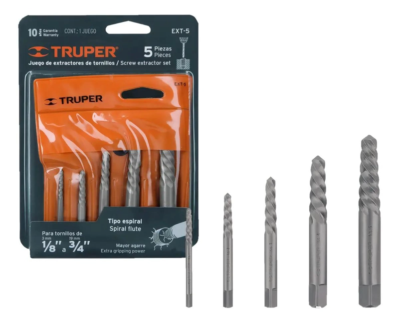 EXTRACTOR DE TORNILLOS DAÑADOS 5 PIEZAS 1/8 A 3/4 - 6