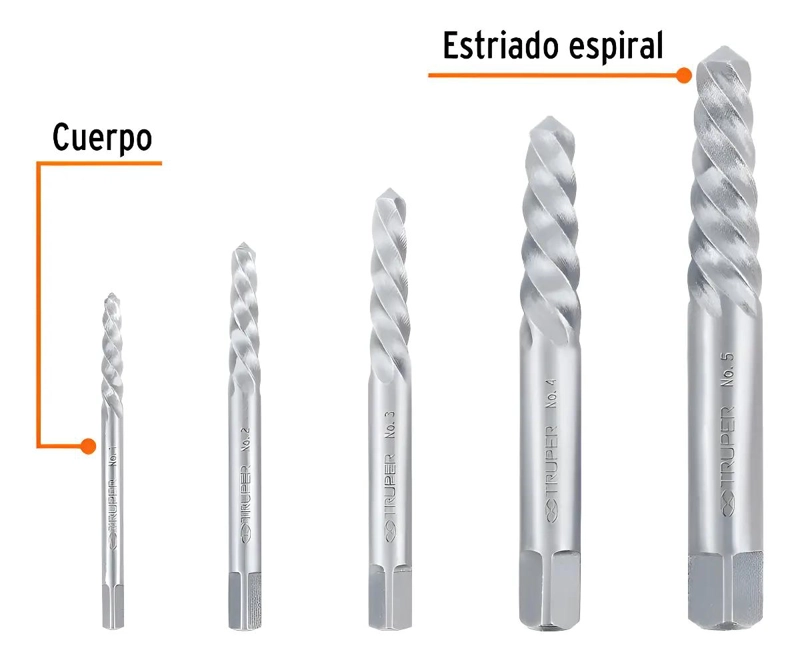 EXTRACTOR DE TORNILLOS DAÑADOS 5 PIEZAS 1/8 A 3/4 - 9
