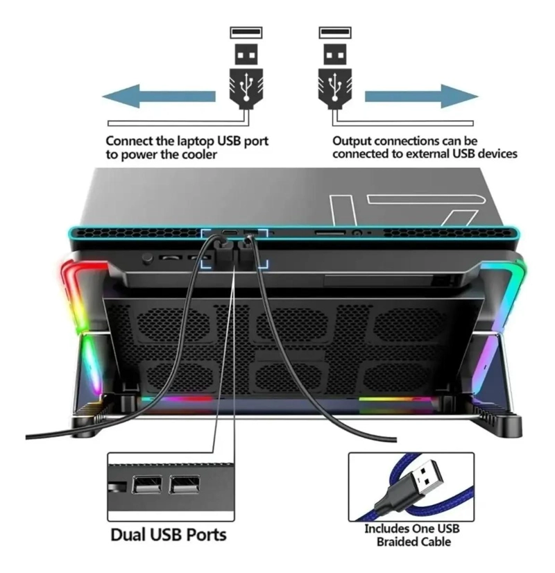 BASE VENTILADOR PORTATIL PARA NOTEBOOK CON RGB Y 2 USB - 3