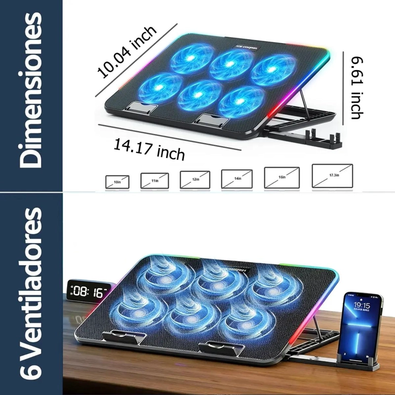 BASE VENTILADOR PORTATIL PARA NOTEBOOK CON RGB Y 2 USB - 5