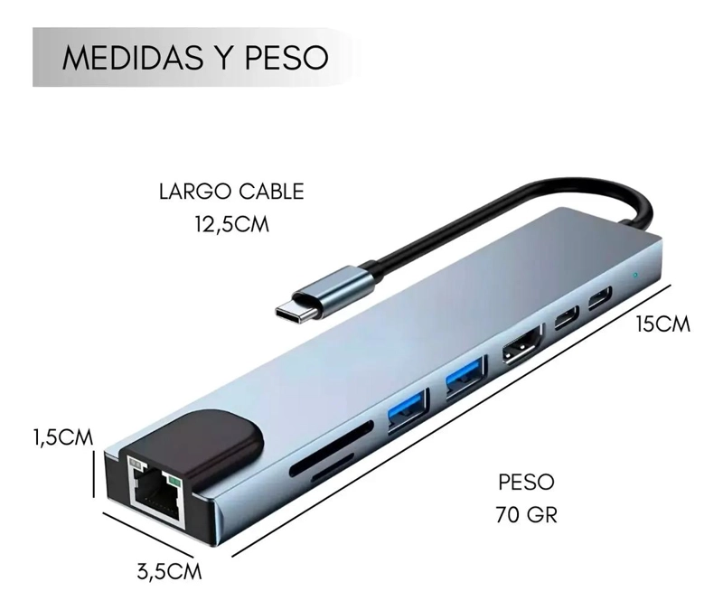 HUB ADAPTADOR USB TIPO C 8 EN 1 PARA MAC Y WINDOWS - 2