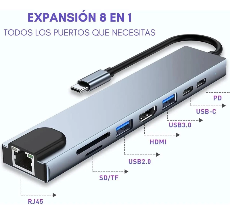 HUB ADAPTADOR USB TIPO C 8 EN 1 PARA MAC Y WINDOWS - 3