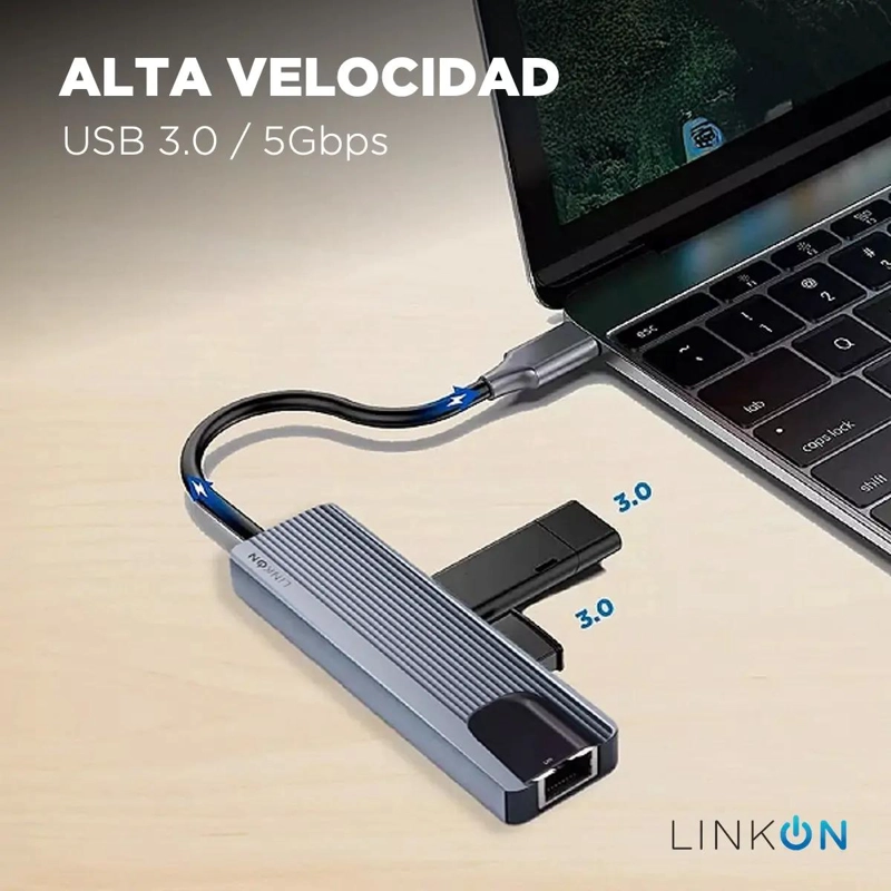 HUB ADAPTADOR USB TIPO C 5 EN 1 CON RJ45 PARA MAC Y PC - 5