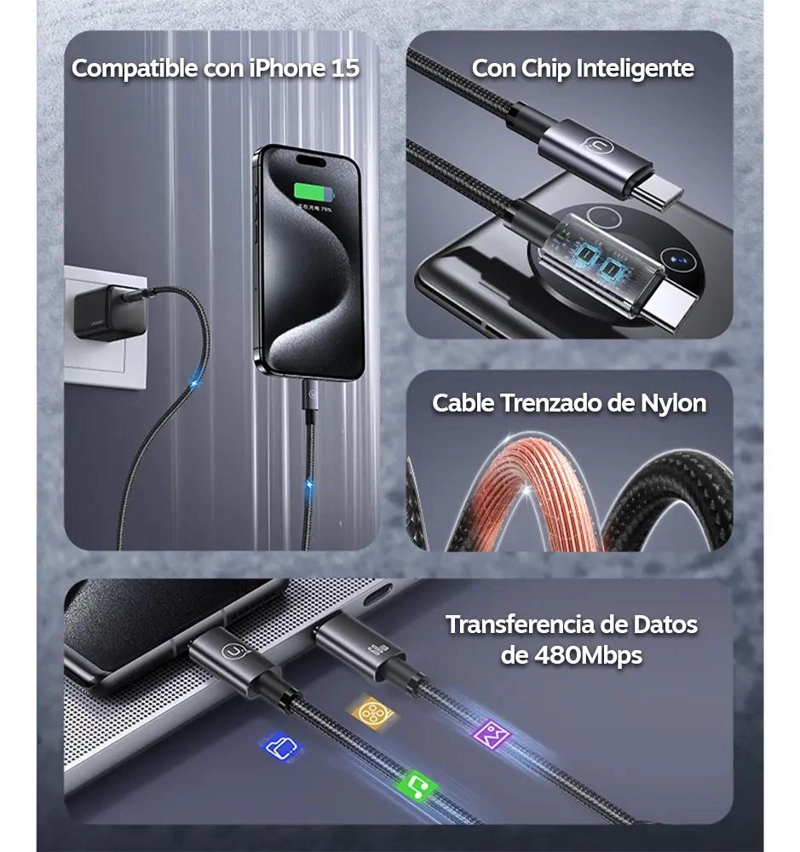 CABLE USB TIPO C A USB C 60W 25CM TRENZADO NEGRO - 2