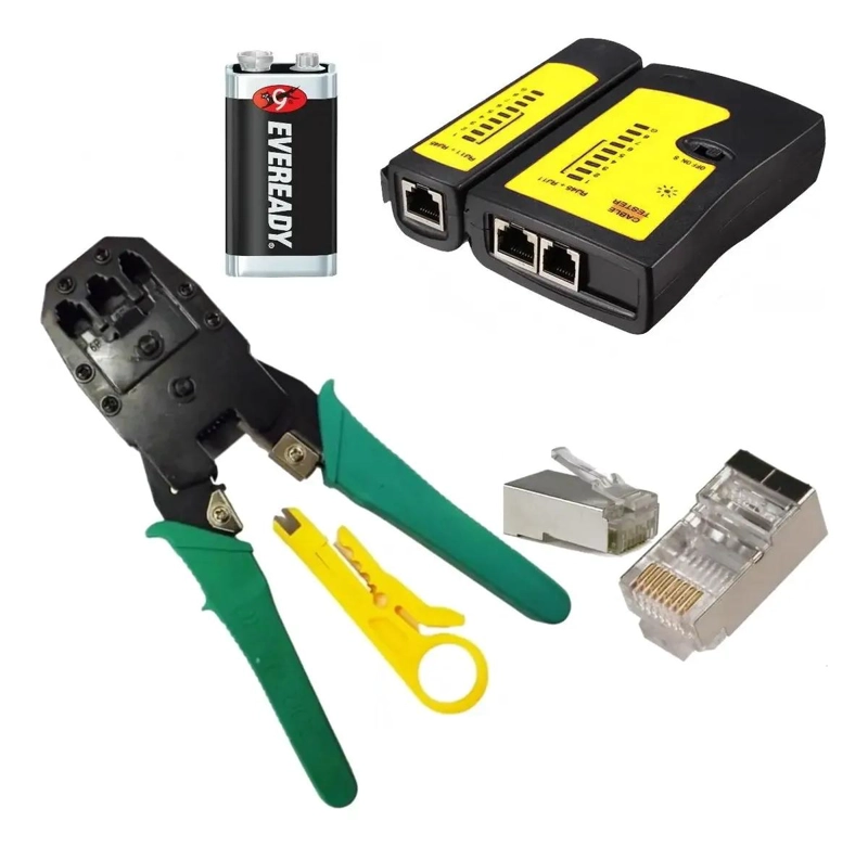 KIT CRIMPEADORA RJ45 CON TESTER Y 10 CONECTORES CAT 5E - 1