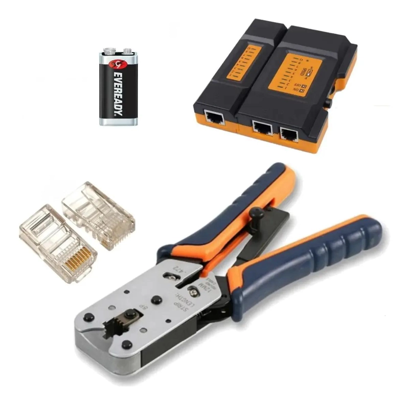 CRIMPEADORA RJ45 CON 50 CONECTORES CAT 5E Y TESTER MINI - 1
