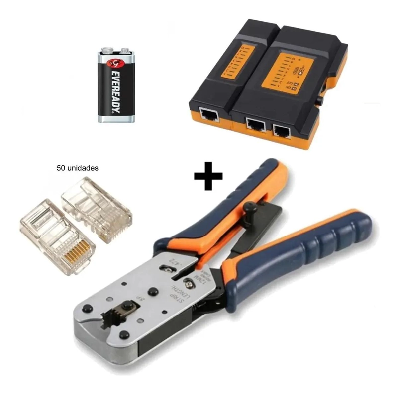 CRIMPEADORA RJ45 CON 50 CONECTORES CAT 5E Y TESTER MINI - 2