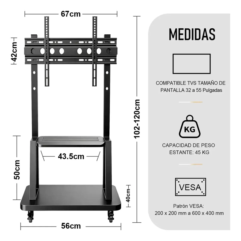 SOPORTE MOVIL PARA TV 32 A 55 PULGADAS CON RUEDAS Y BANDE - 2