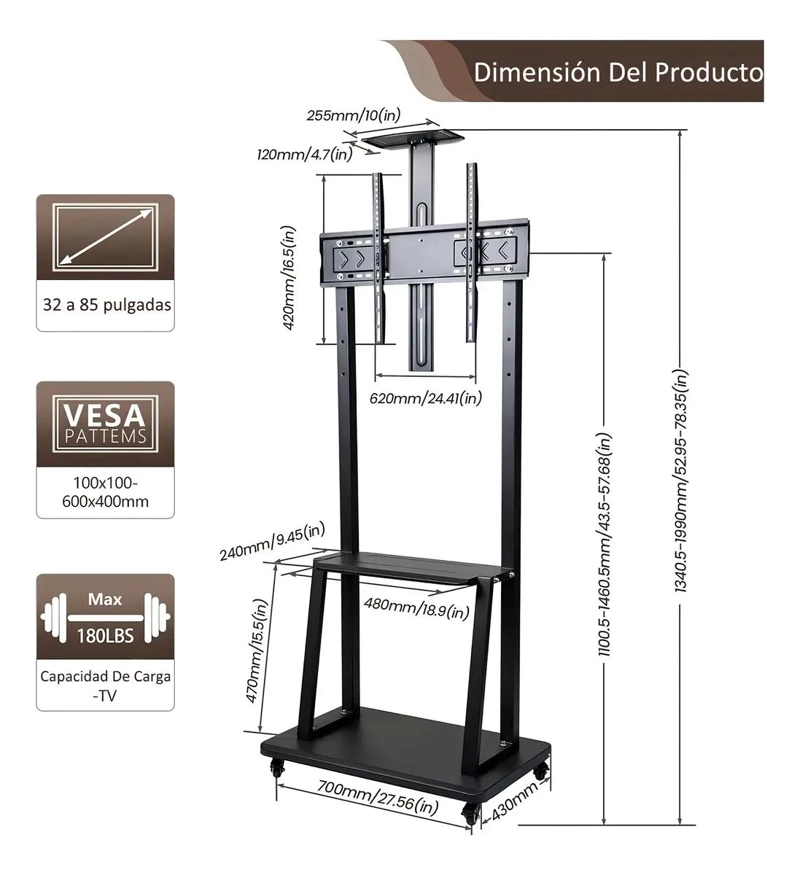 SOPORTE TV MOVIL CON RUEDAS 32-70' NEGRO AJUSTABLE - 2