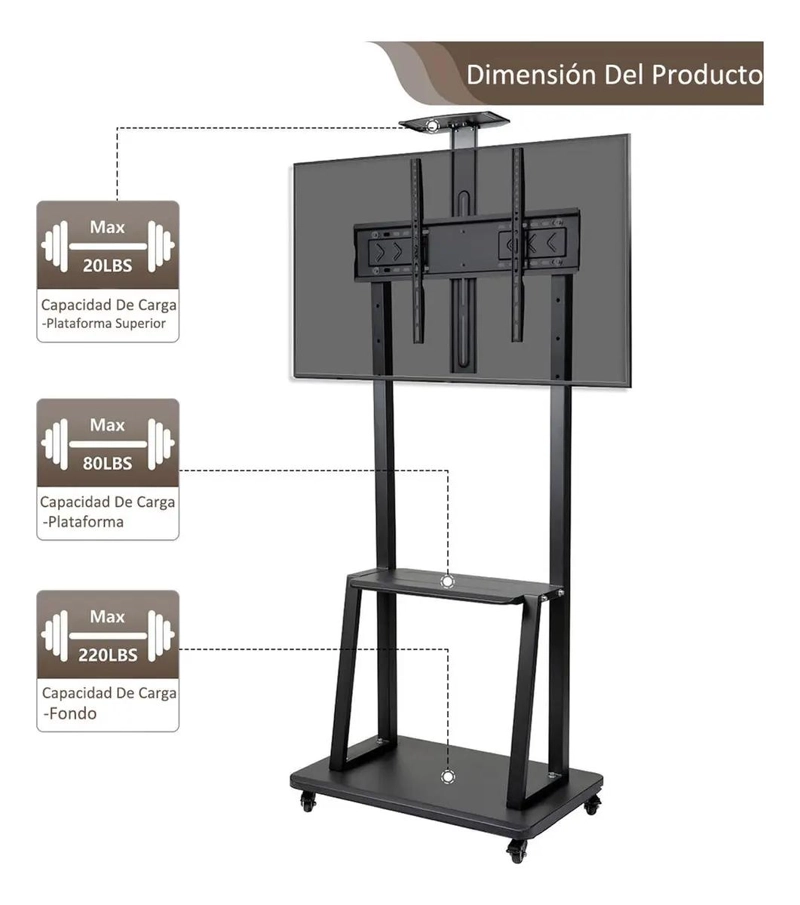 SOPORTE TV MOVIL CON RUEDAS 32-70' NEGRO AJUSTABLE - 3