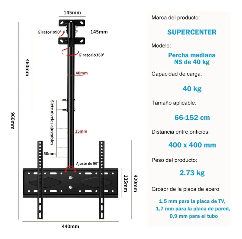 SOPORTE AJUSTABLE PARA TV DE TECHO O PARED 26 A 60 PULG - 2