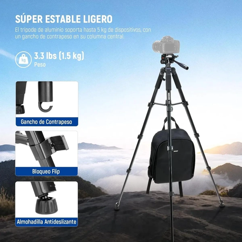 TRIPODE AJUSTABLE DE 180 CM PARA CELULAR Y CAMARA - 4