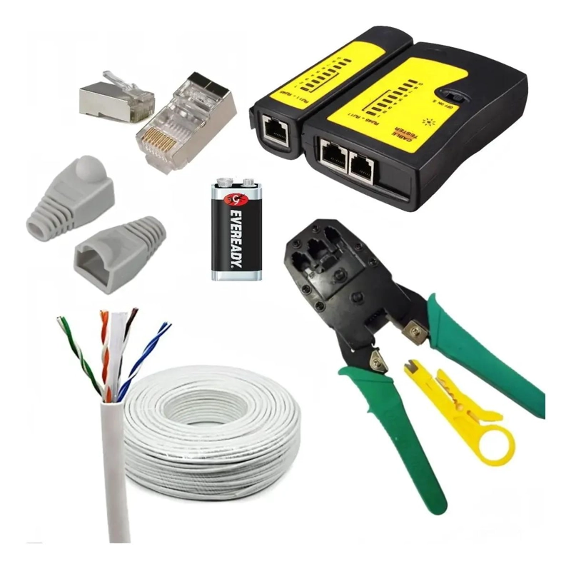 KIT CRIMPEADORA RJ45 CON CABLE 50M CAT5E Y TESTER - 1