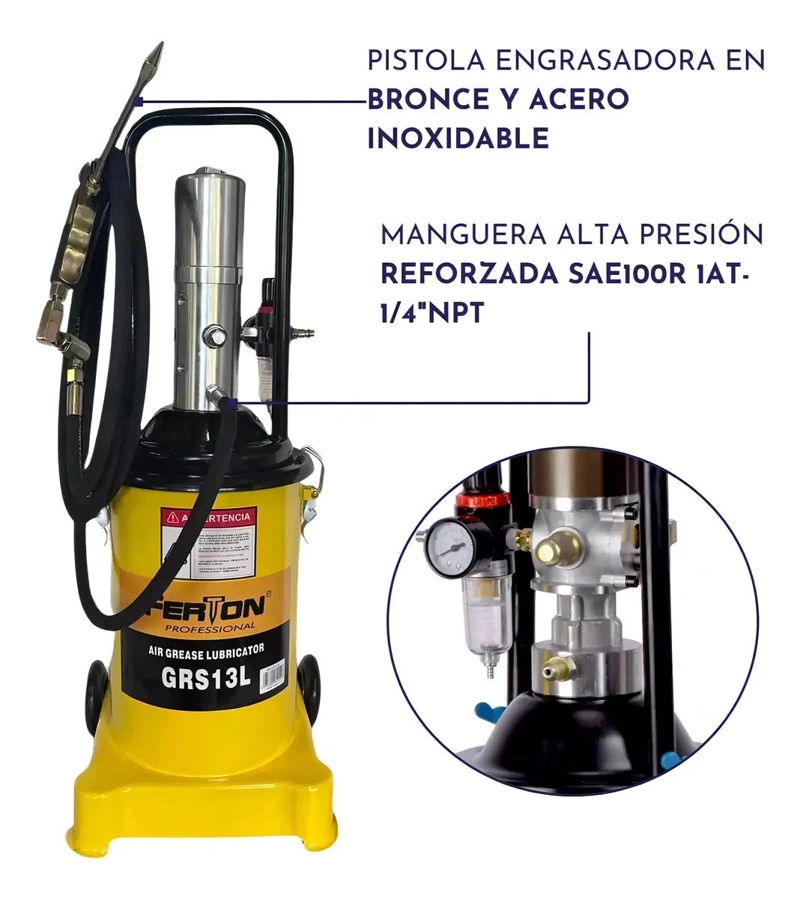 GRASERA NEUMATICA 13 LITROS CON RUEDAS Y MANGUERA 5M - 5