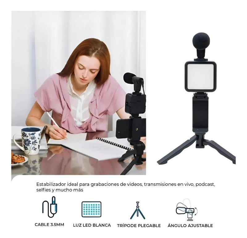 ESTABILIZADOR PARA CELULAR CON TRIPODE, LUZ LED Y MICROF - 3