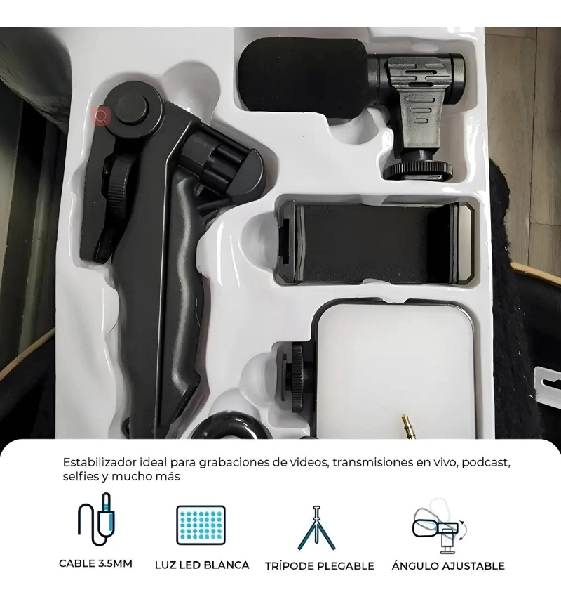 ESTABILIZADOR PARA CELULAR CON TRIPODE, LUZ LED Y MICROF - 4