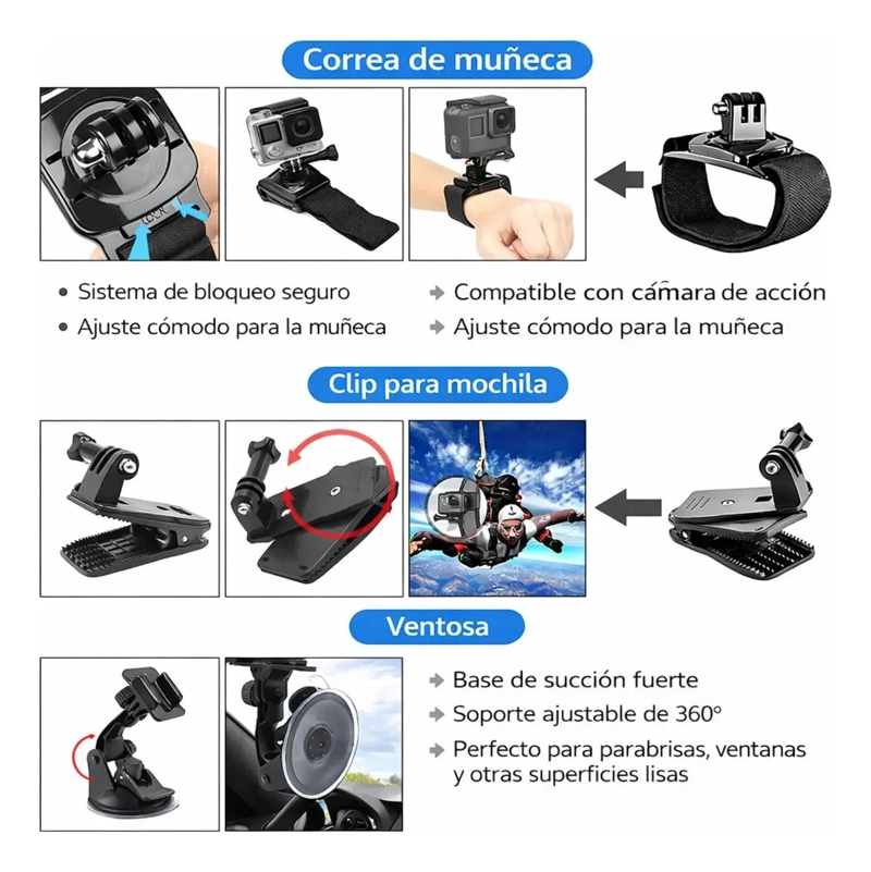 KIT 51 ACCESORIOS PARA CAMARAS DEPORTIVAS CON MALETA - 4