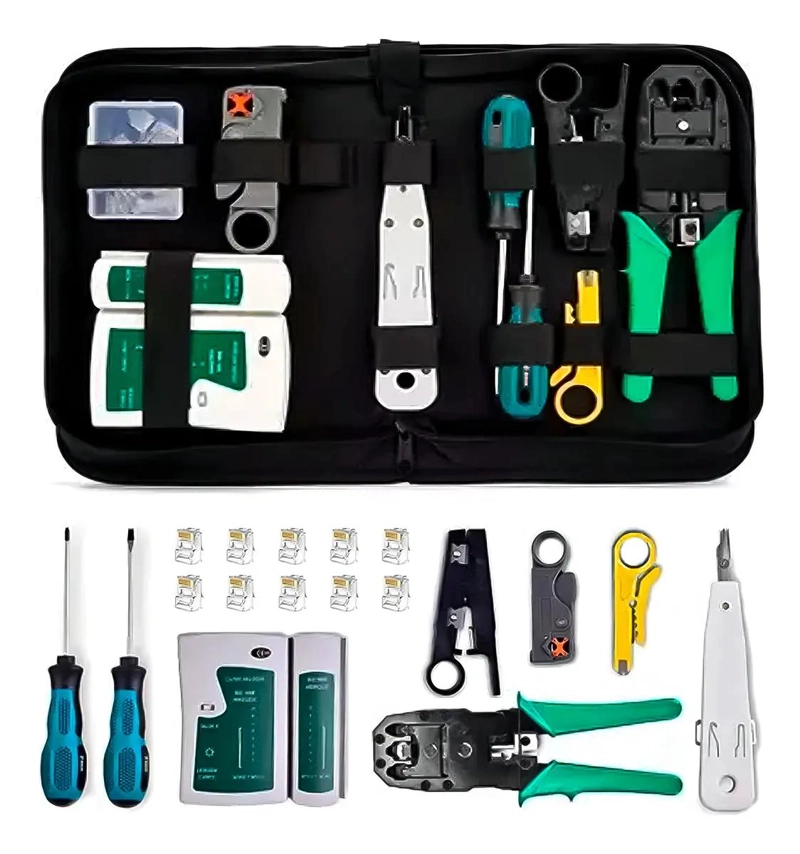 KIT HERRAMIENTAS CABLEADO RJ45 UTP LAN CON TESTER Y CRIMP