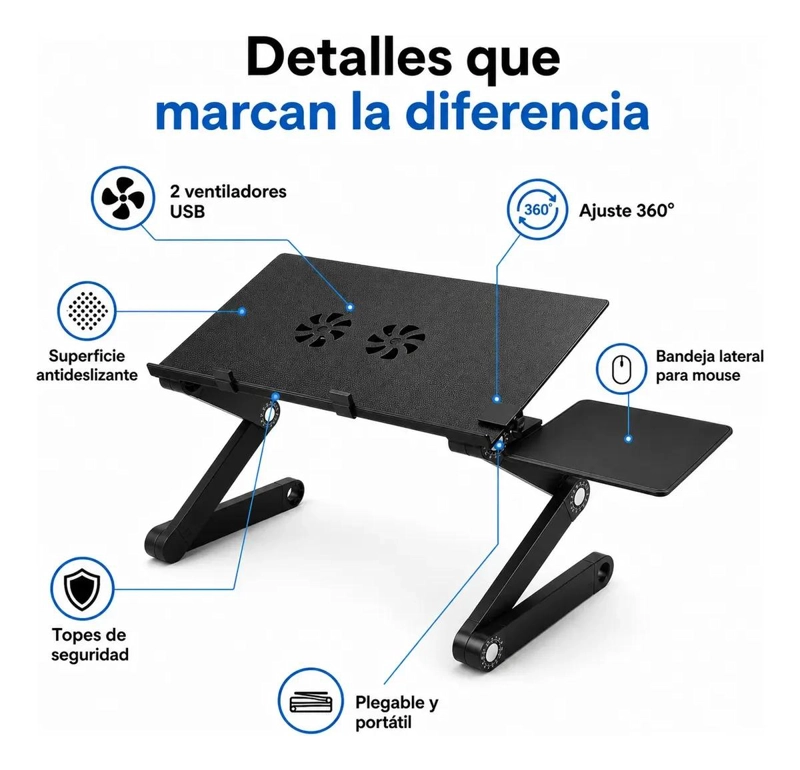 MESA PLEGABLE PARA LAPTOP CON VENTILADORES Y BANDEJA LATERAL - 3