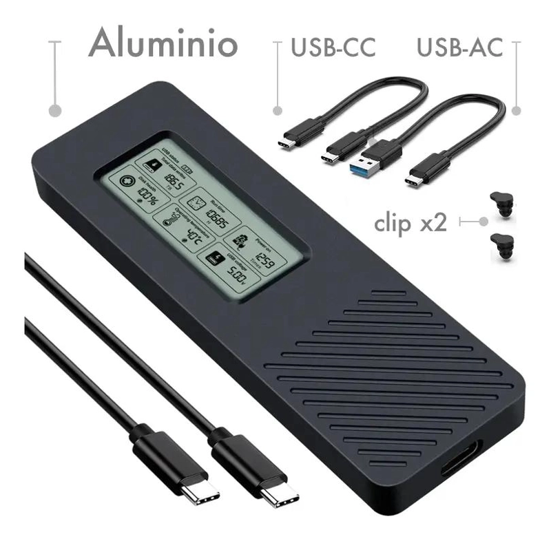 COFRE PARA SSD M.2 NVME CON USB-C Y PANTALLA LCD - 4