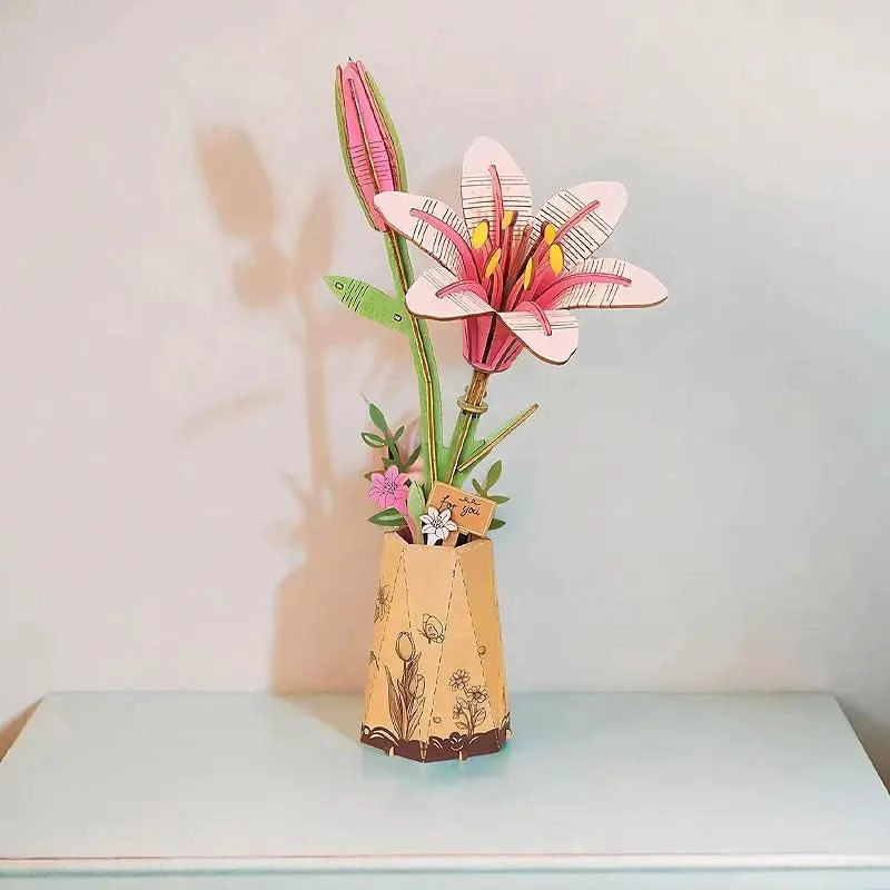 FLOR DE LIRIO ROSADA DE MADERA DECORATIVA - 5