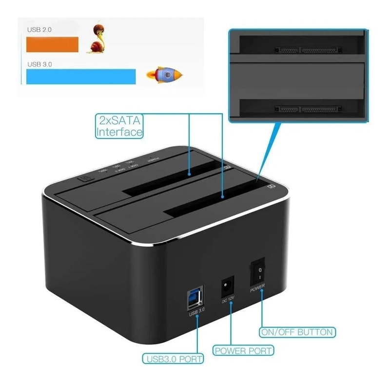 DOCKING STATION 2 BAHIAS CLONADOR SATA CON HUB USB 3.0 - 3