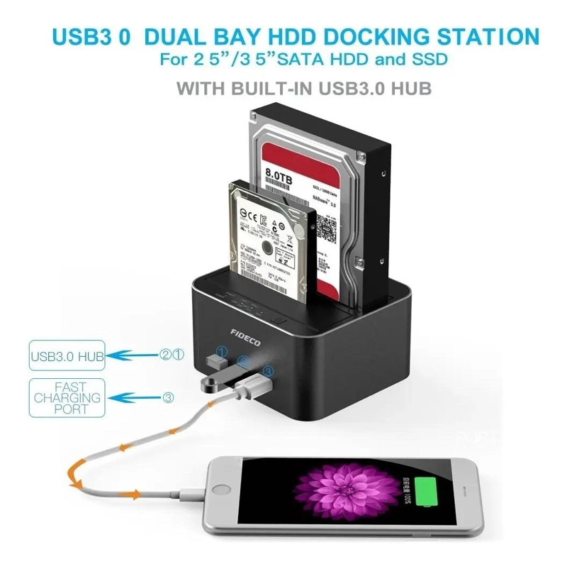 DOCKING STATION 2 BAHIAS CLONADOR SATA CON HUB USB 3.0 - 5