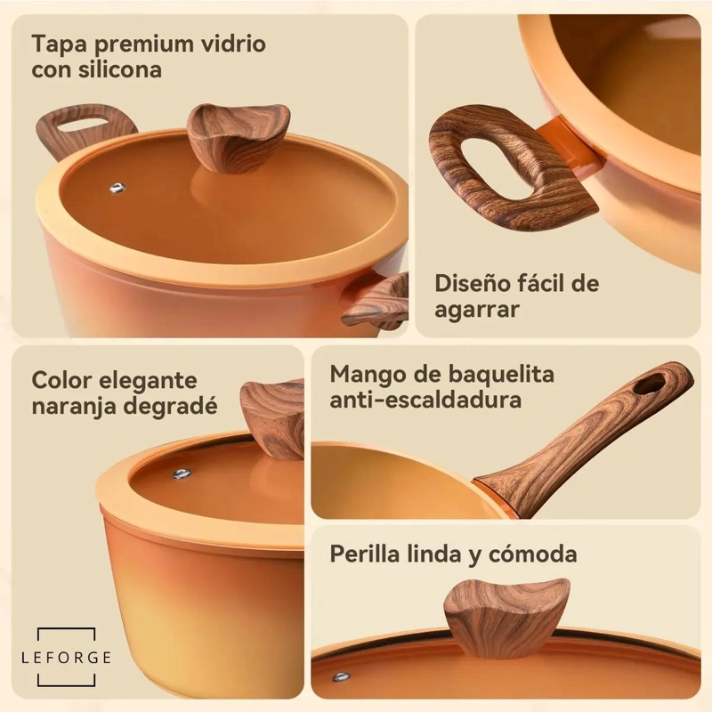BATERIA DE COCINA ANTIADHERENTE CERAMICA 9 PIEZAS NARANJA - 3