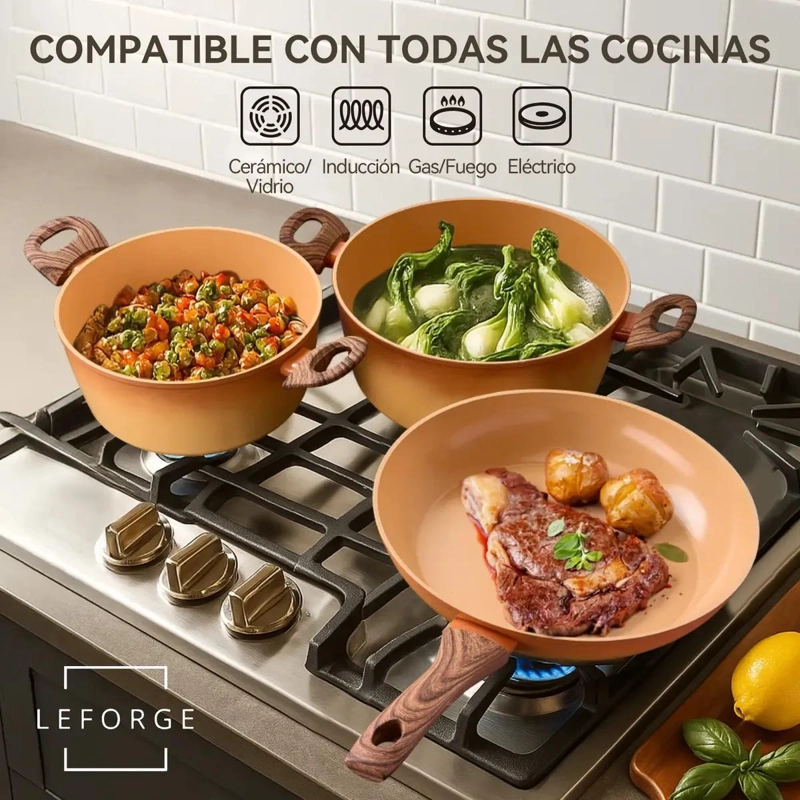 BATERIA DE COCINA ANTIADHERENTE CERAMICA 9 PIEZAS NARANJA - 4