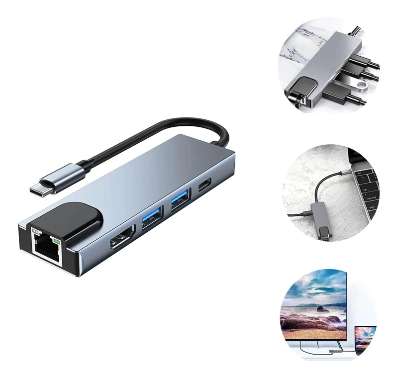 ADAPTADOR HUB 5 EN 1 CON RJ45 1000MBPS, HDMI 4K, USB-C Y - 1